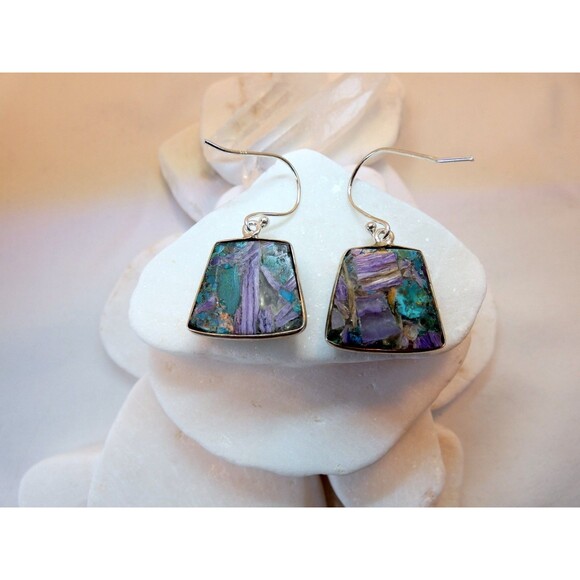 Natural Charoite -Azurite Sterling Silver Dangle Drop Earrings Handmade - Picture 3 of 4